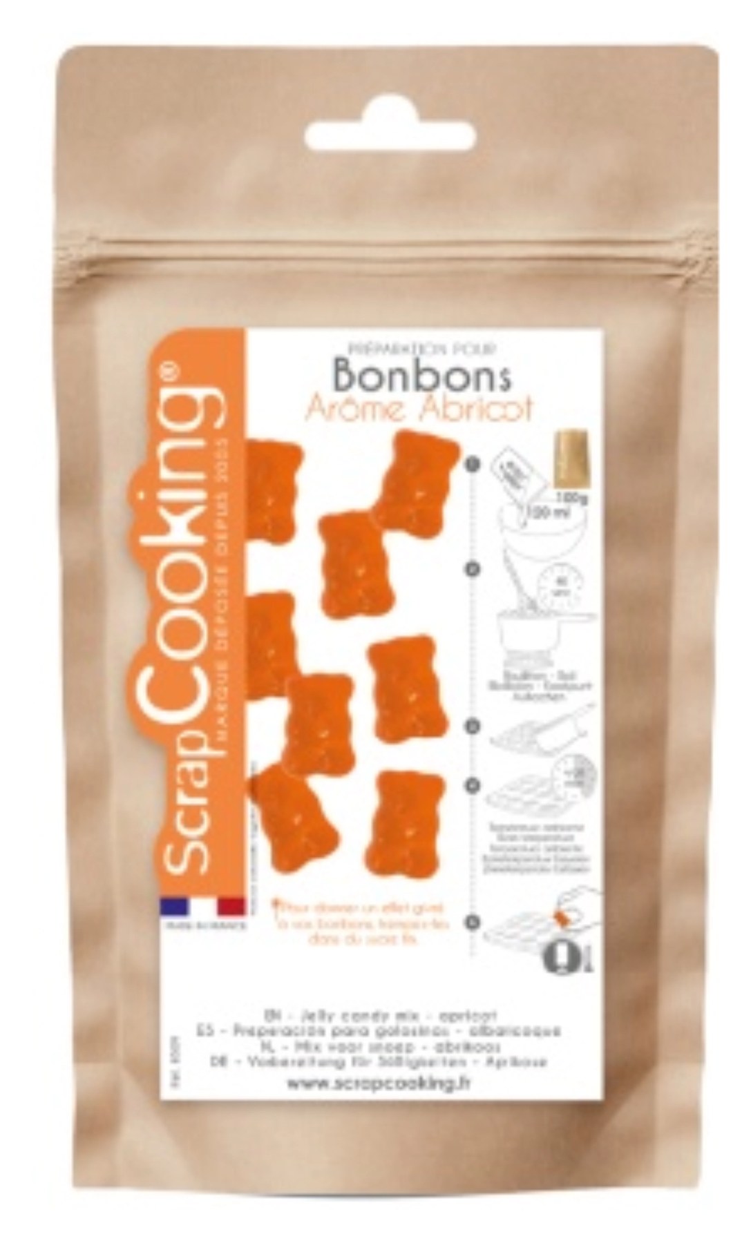 Orange Verpackung der Fertigmischung Gummibären Aprikosengeschmack 100g von Scrap Cooking, Zutat für kreatives Backen.