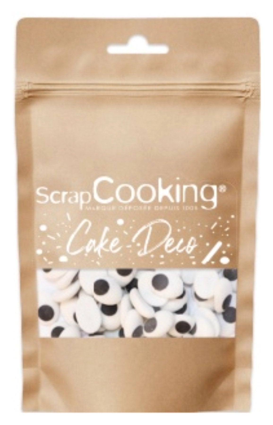 Weisse essbare Zuckerdekor-Augen aus Zucker, rund geformt, verpackt in 25g-Menge, hergestellt von Scrap Cooking für Backdekorationen.