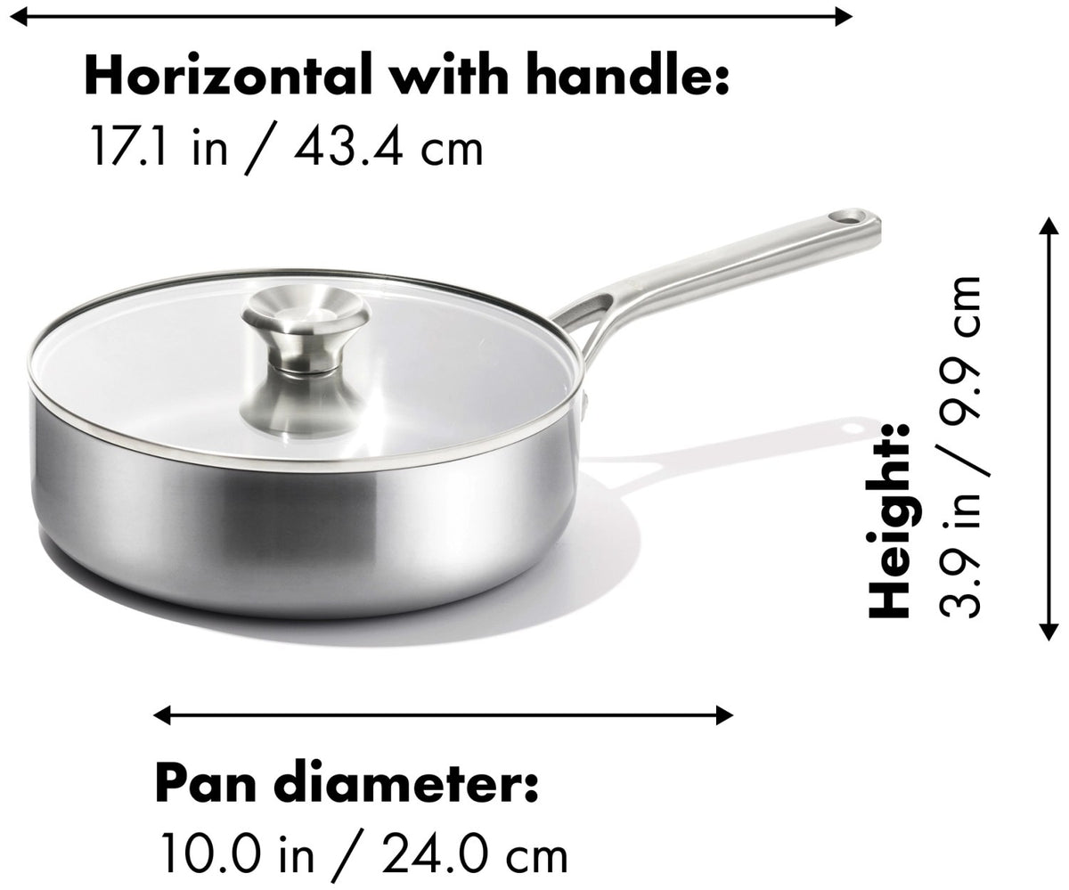 Edelstahl-Sautierpfanne mit gewölbtem Boden, zwei Griffen und passendem Deckel aus gehärtetem Glas, Durchmesser 24cm.