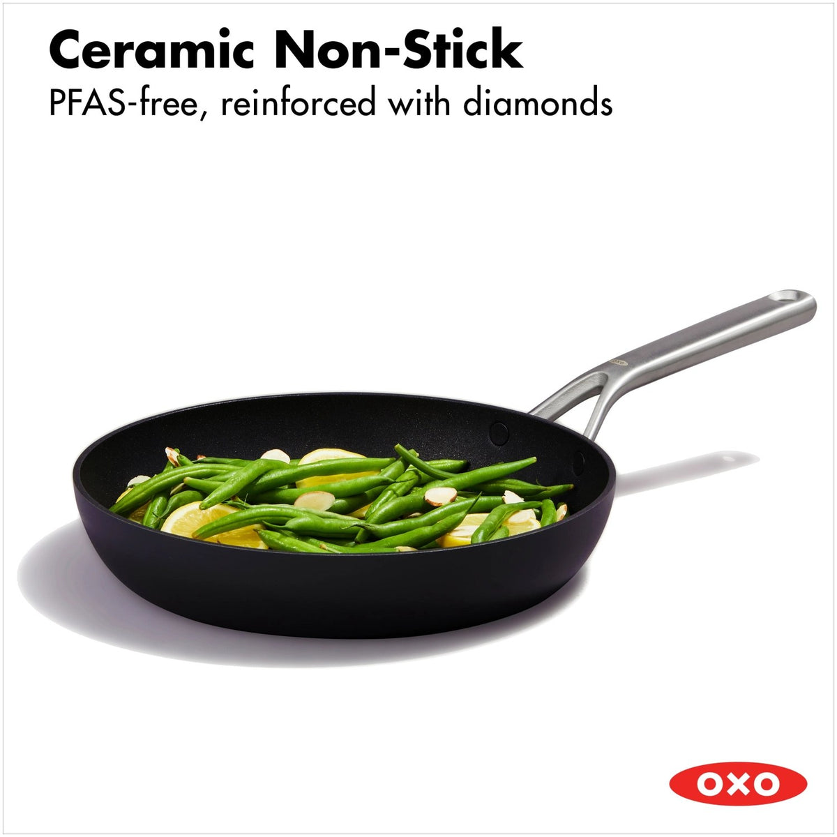 Schwarze Bratpfanne mit keramischer Antihaftbeschichtung und Induktionsboden, rund geformt, Durchmesser 26 cm, Marke OXO.