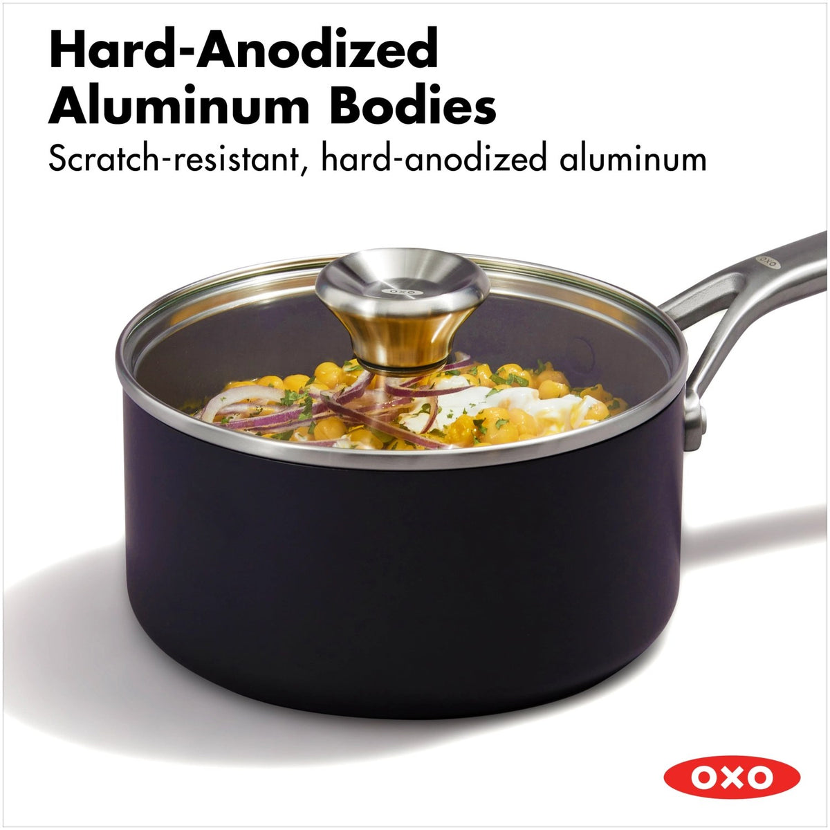 Zehnteiliges Kochgeschirrset von OXO in Anthrazit mit Glasdeckeln, hart-anodisierten Töpfen und Pfannen sowie Antihaftbeschichtung.