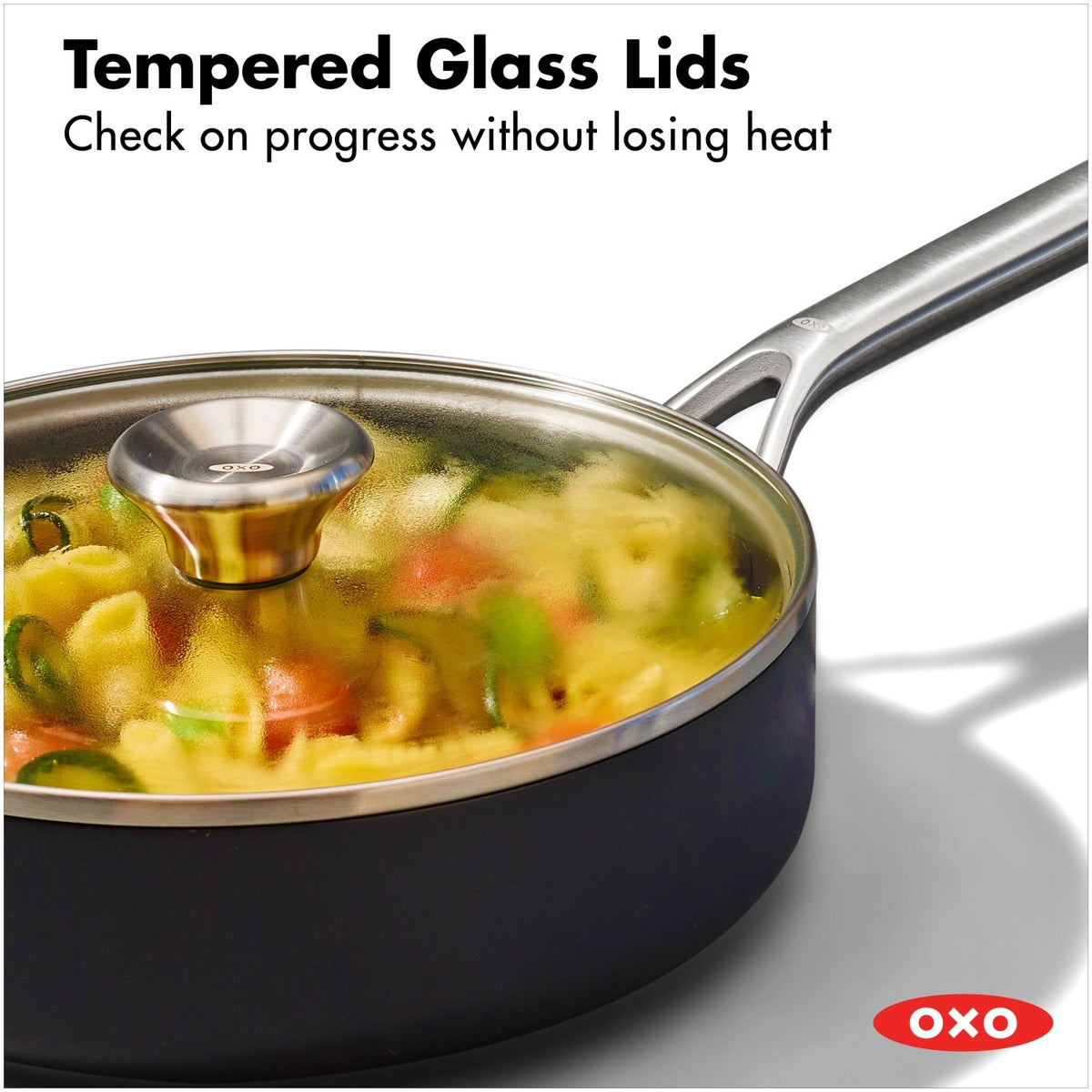Zehnteiliges Kochgeschirrset von OXO in Anthrazit mit Glasdeckeln, hart-anodisierten Töpfen und Pfannen sowie Antihaftbeschichtung.