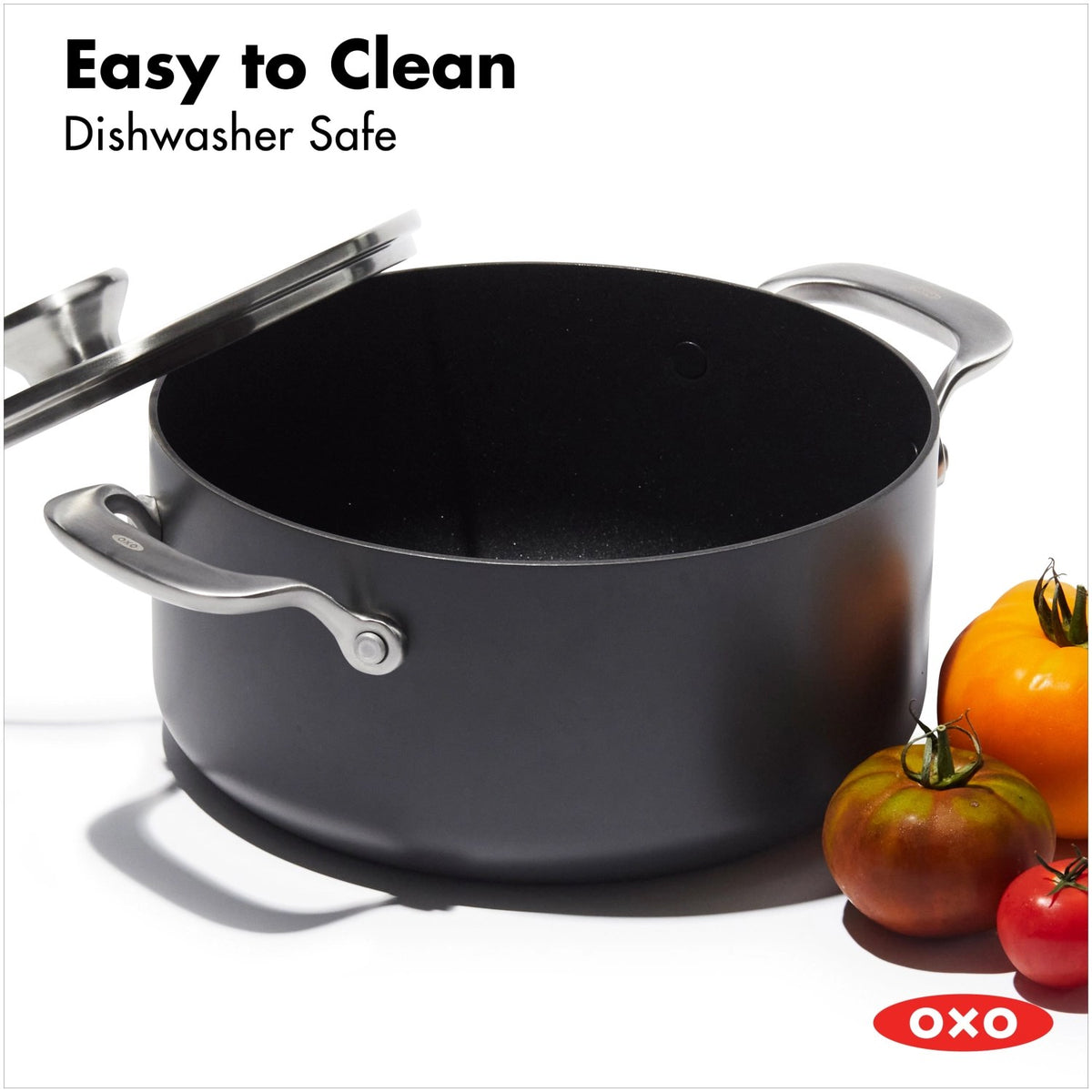 Zehnteiliges Kochgeschirrset von OXO in Anthrazit mit Glasdeckeln, hart-anodisierten Töpfen und Pfannen sowie Antihaftbeschichtung.