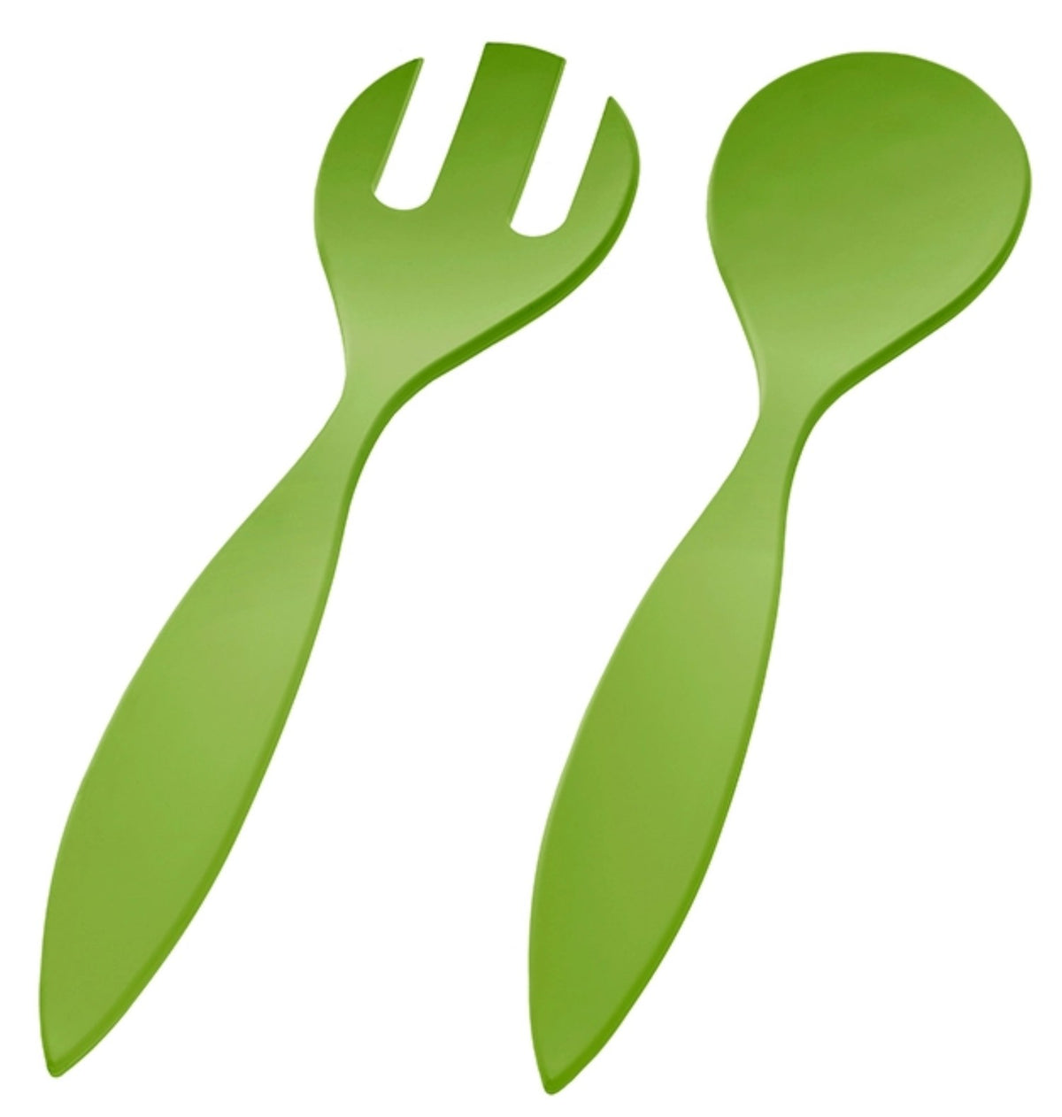 Grünes Salatbesteck aus Biopolymer, organisch geformte Löffel und Gabel, 30 cm lang, von MAGU, auf hellem Hintergrund fotografiert.