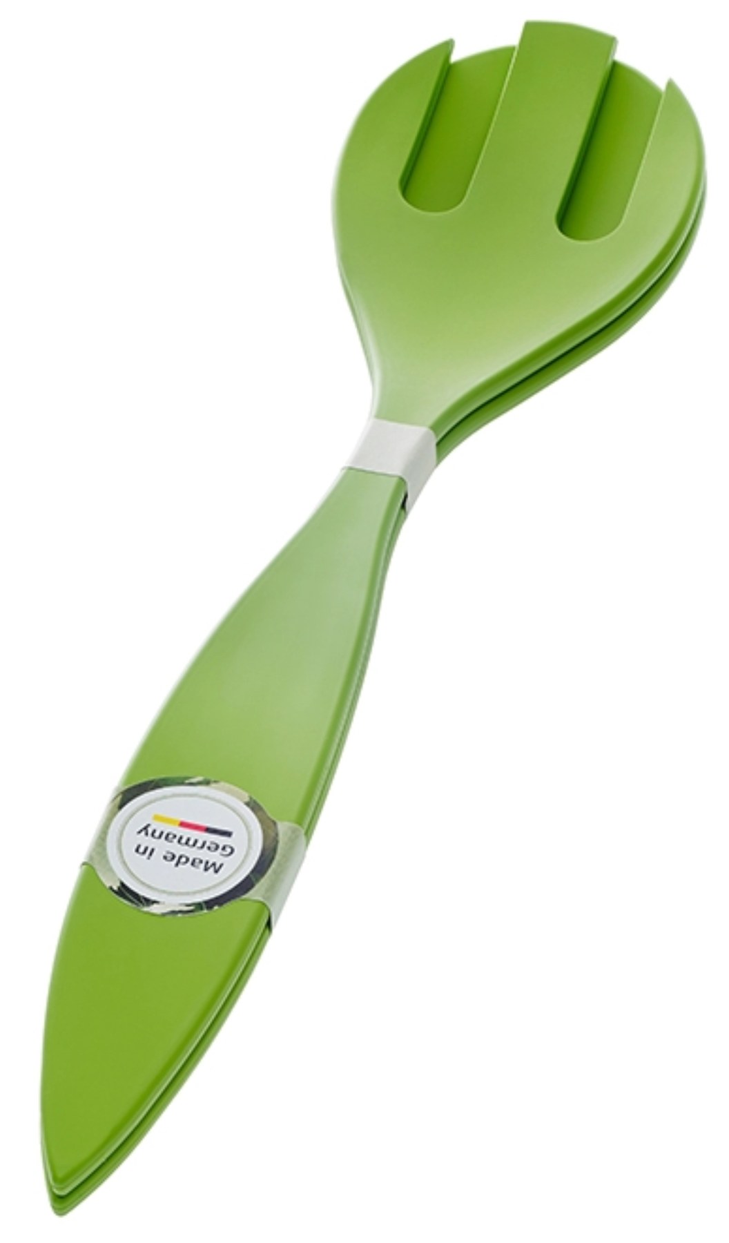 Grünes Salatbesteck aus Biopolymer, organisch geformte Löffel und Gabel, 30 cm lang, von MAGU, auf hellem Hintergrund fotografiert.