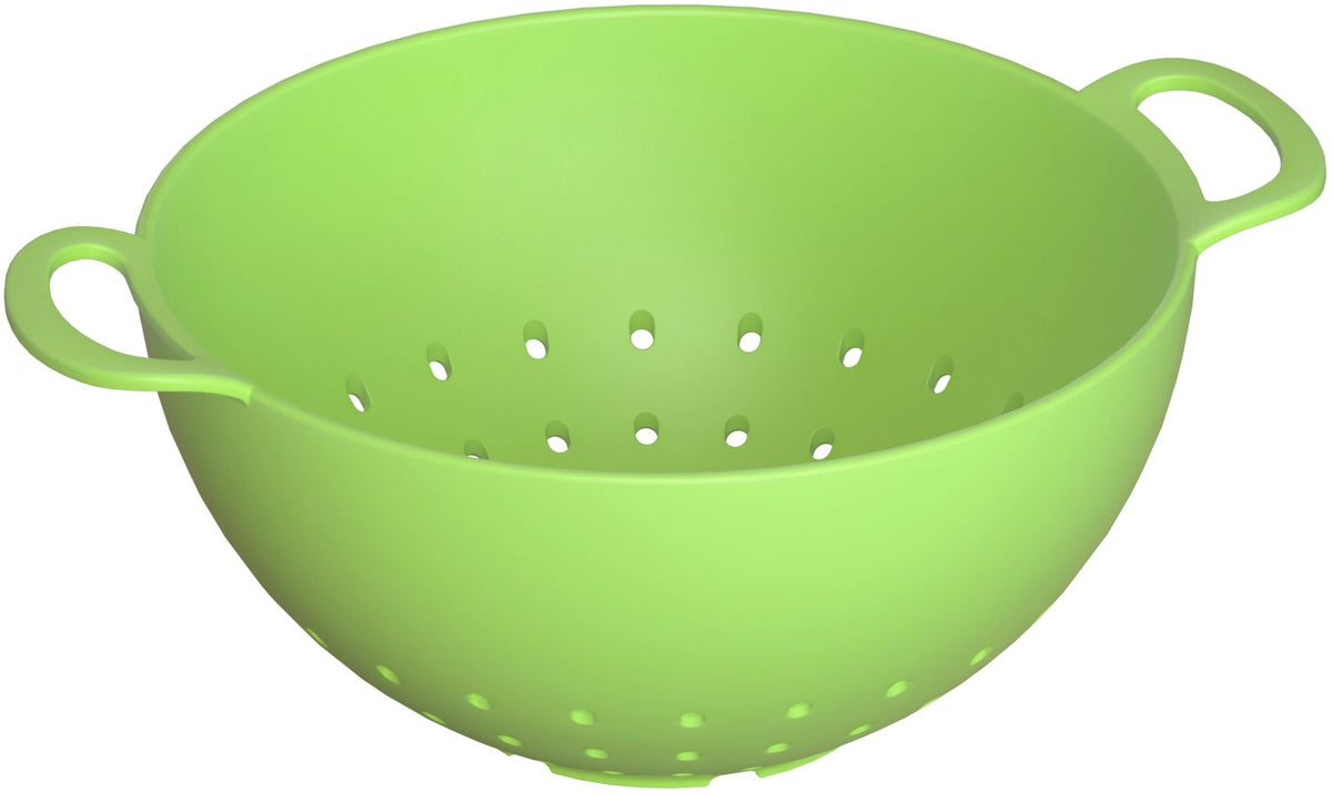 Grünes Salatsieb aus Biopolymer-Material, rund geformt mit Ausguss, Masse 24 x 30 x 12 cm, Hersteller MAGU, Modell für Salat und Gemüse.