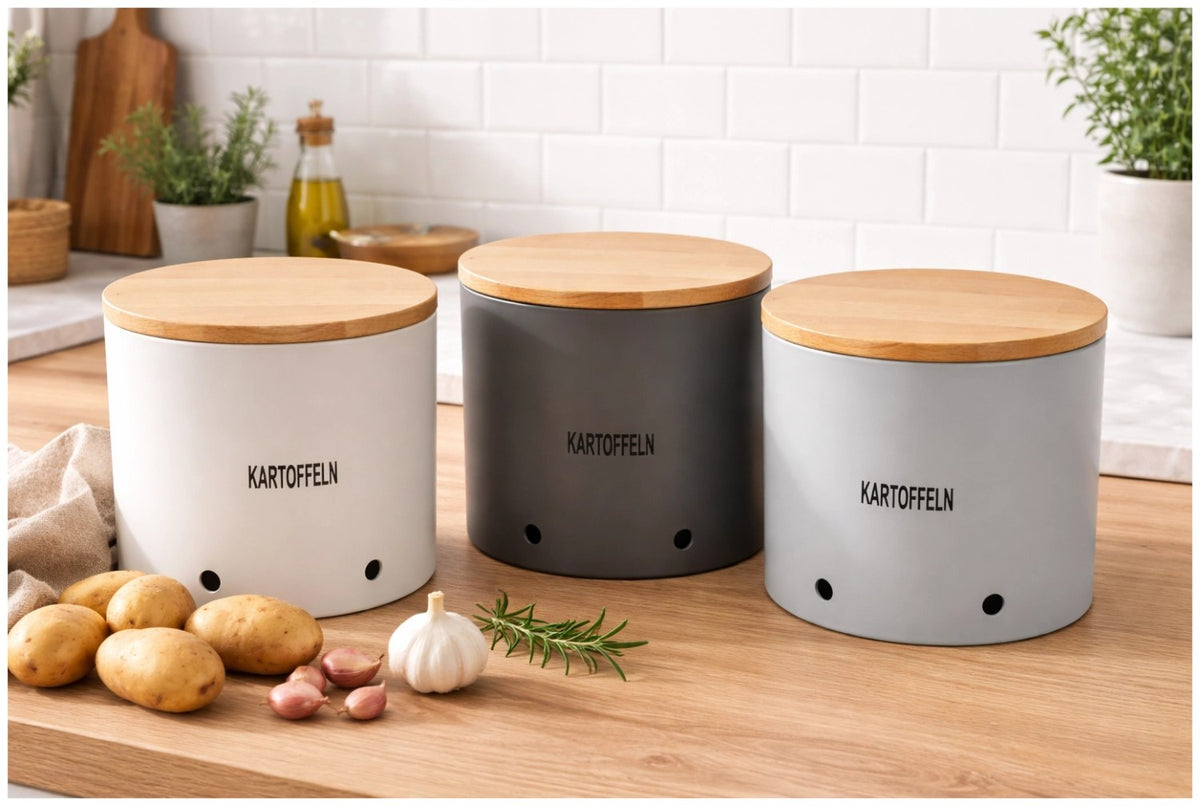 Weisser Knoblauchtopf aus Biopolymer mit Holzdeckel in Urban-Grey, kompakte runde Form, Masse 15.6x15.6x10.7cm, Aufbewahrungsbehälter für die Küche.
