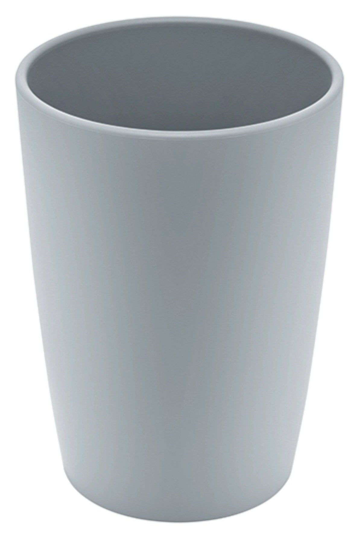 Silberner Trinkbecher aus Biopolymer-Material von MAGU mit runder, klarer Form, Fassungsvermögen 340 ml, Masse 8.2 x 8.2 x 11 cm.
