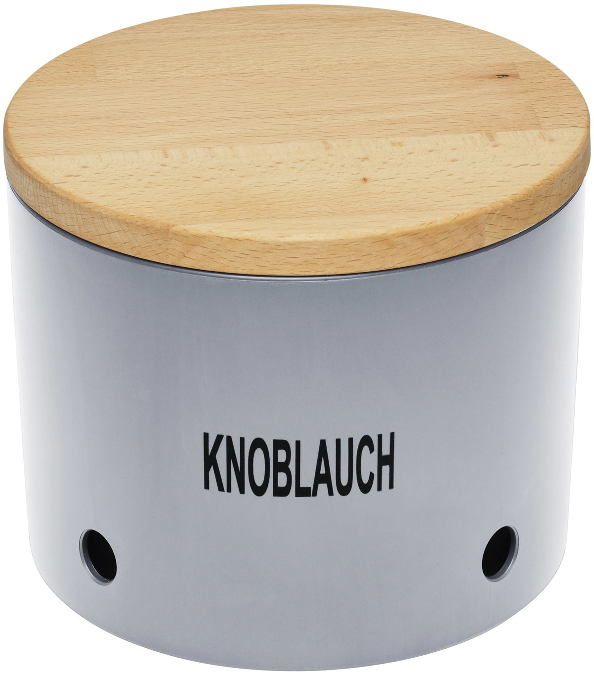 Silberfarbener Knoblauchtopf aus Biopolymer mit Holzdeckel, kompakte runde Form, Masse 15.6 x 15.6 x 10.7 cm, Hersteller MAGU.