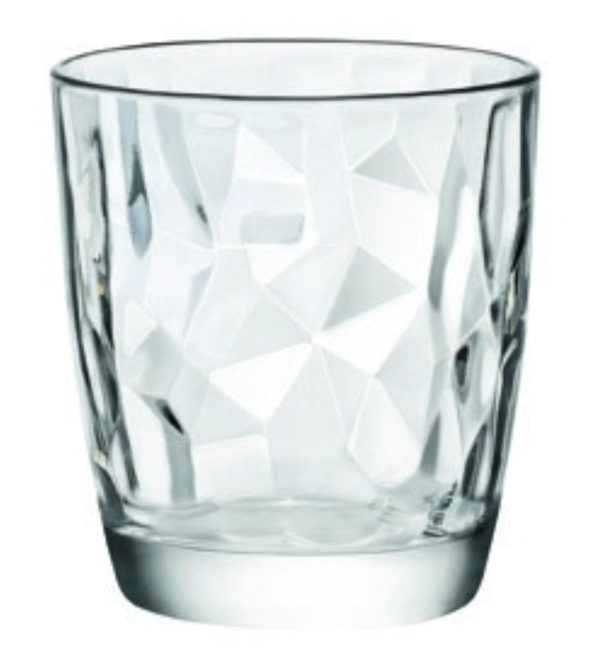 Klares Diamond DOF Glas von Bormioli Rocco mit facettiertem Design, Rillenmuster und stabilem Boden, Cocktailbecher aus Glas.