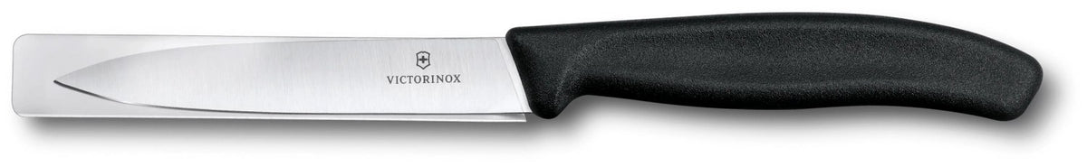 Victorinox Swiss Classic Gemüsemesser mit gerader schwarzer Klinge, geradem Schliff, Mittelspitz und ergonomischem schwarzem Griff.