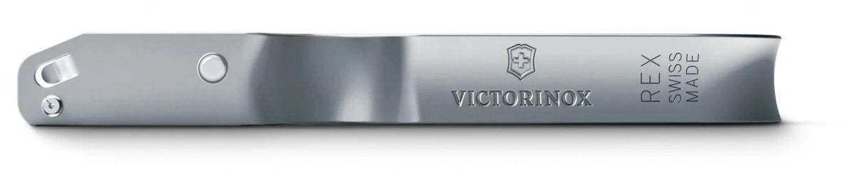 Silberfarbener REX Sparschäler von Victorinox mit ergonomischem Griff und schmaler, scharfer Klinge, freigestellt fotografiert auf weissem Hintergrund.