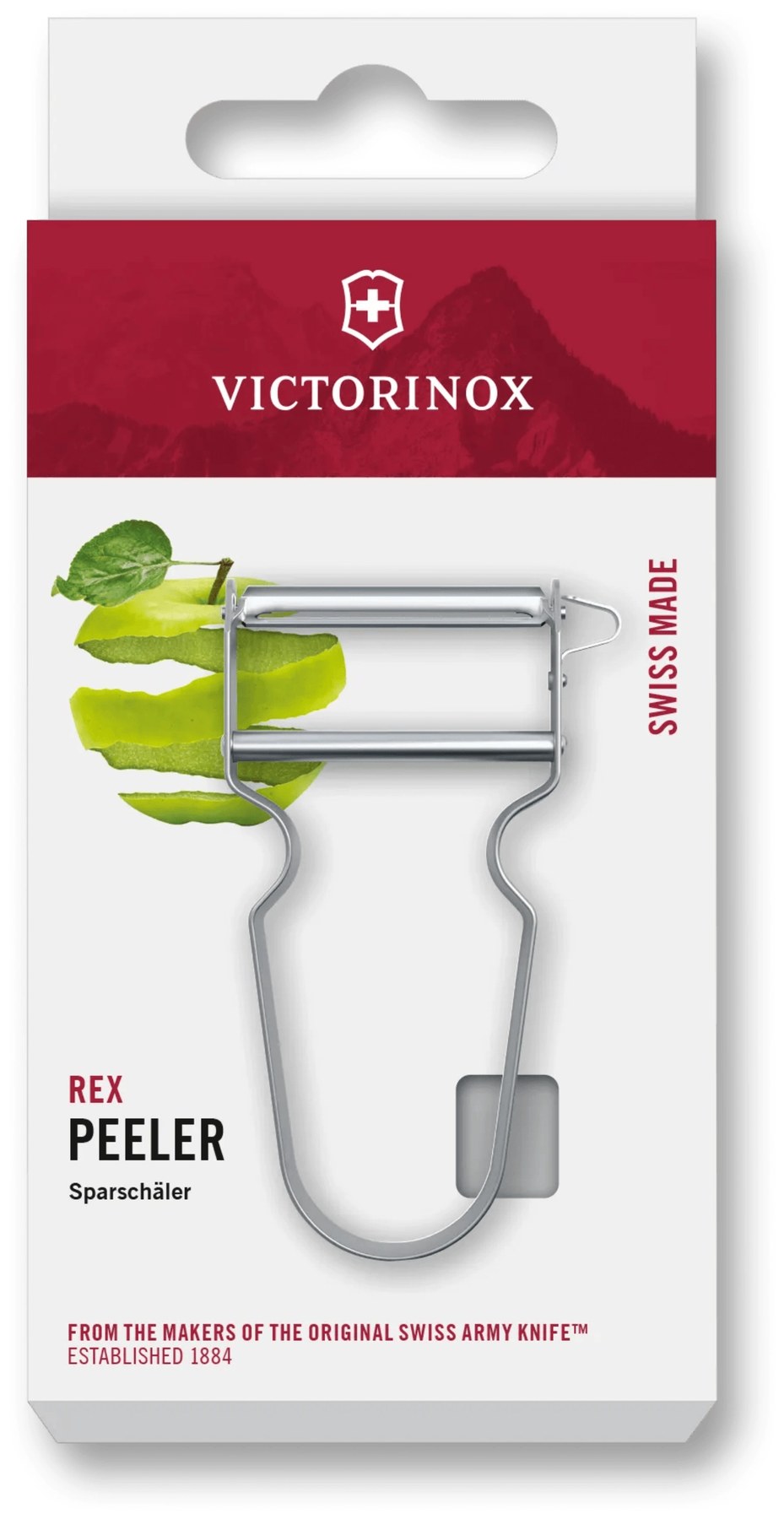 Silberfarbener REX Sparschäler von Victorinox mit ergonomischem Griff und schmaler, scharfer Klinge, freigestellt fotografiert auf weissem Hintergrund.