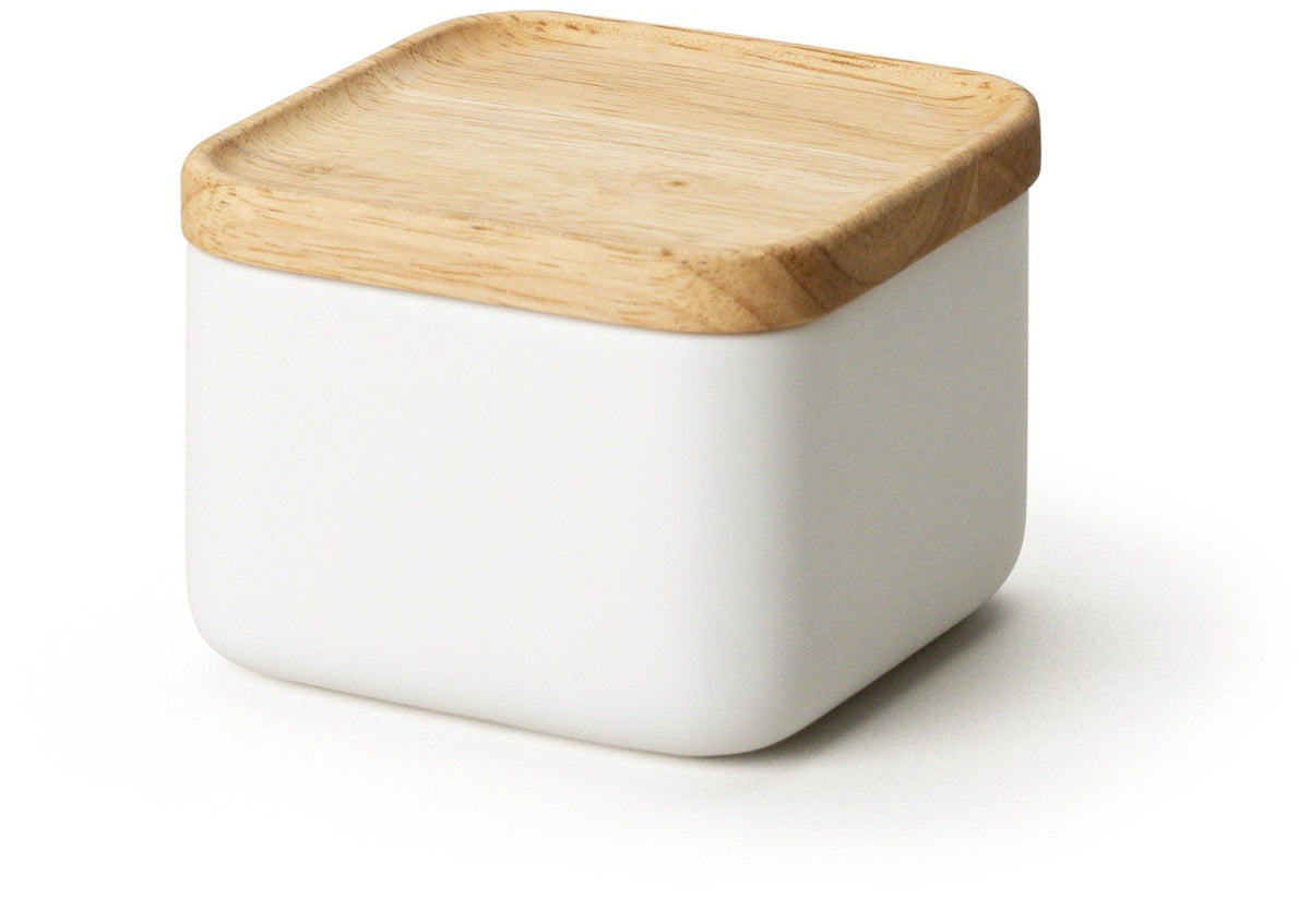 Weisse Keramik Vorratsdose mit hellem Holzdeckel und Silikonring, quaderförmig mit abgerundeten Ecken, Grösse 10.5x10.5x8cm.