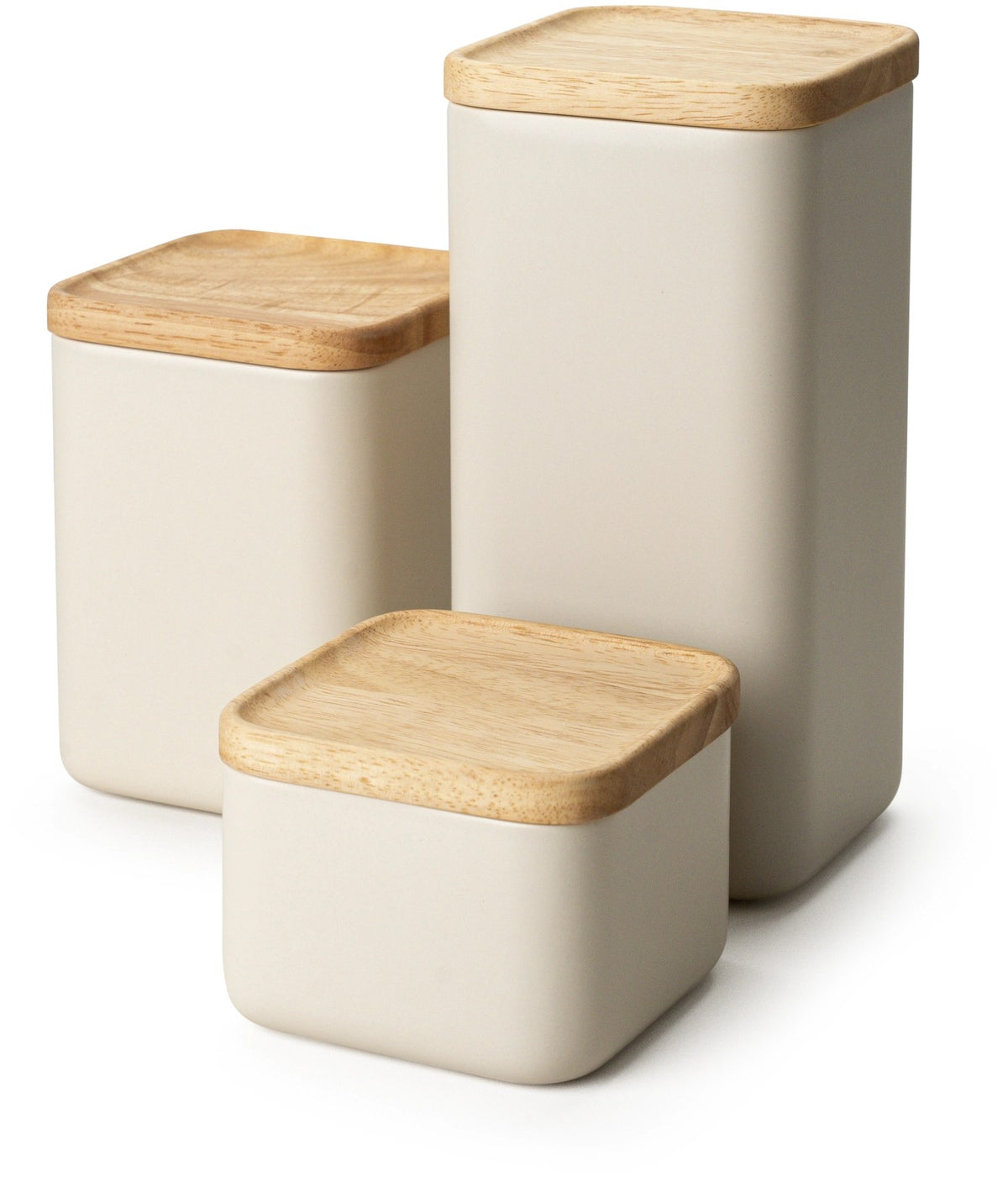 Beige Keramik Vorratsdose mit hellem Holzdeckel und Silikonring, quadratische Form mit abgerundeten Ecken, Grösse 10.5x10.5x8cm.