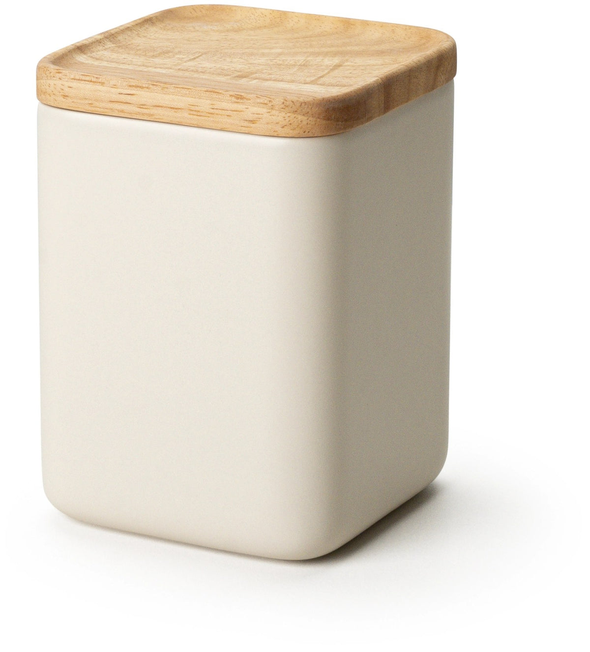 Keramik Vorratsdose in Beige mit hellem Holzdeckel, runde Form mit abgerundeten Ecken, Grösse 10.5x10.5x14.5cm, Hersteller Continenta.