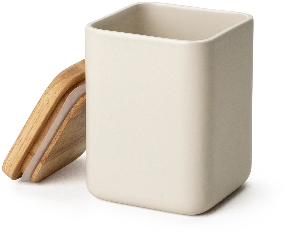 Keramik Vorratsdose in Beige mit hellem Holzdeckel, runde Form mit abgerundeten Ecken, Grösse 10.5x10.5x14.5cm, Hersteller Continenta.