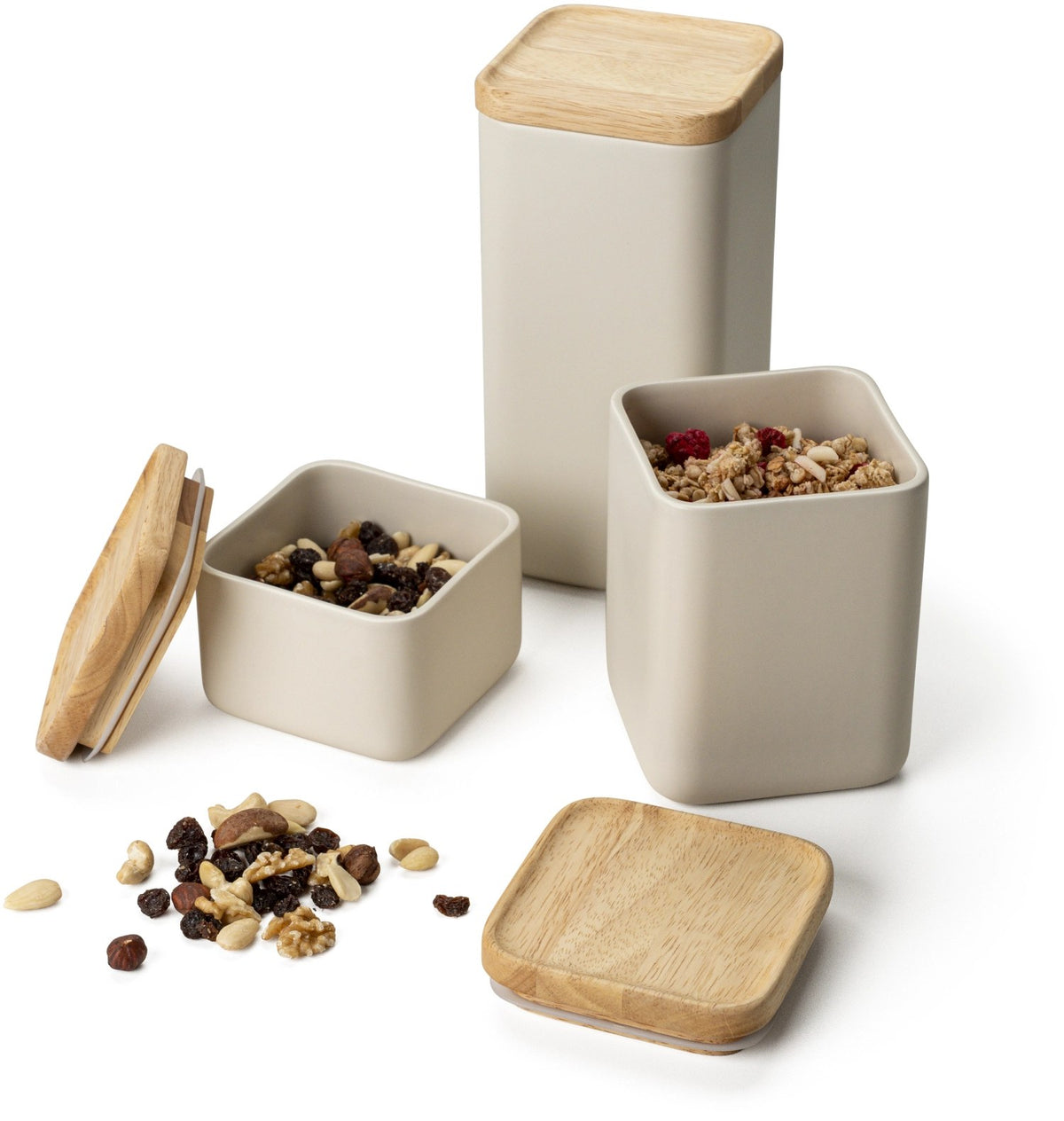 Keramik Vorratsdose in Beige mit hellem Holzdeckel, runde Form mit abgerundeten Ecken, Grösse 10.5x10.5x14.5cm, Hersteller Continenta.
