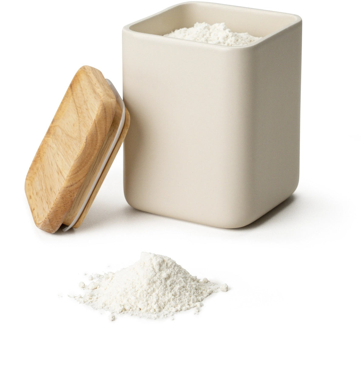 Keramik Vorratsdose in Beige mit hellem Holzdeckel, runde Form mit abgerundeten Ecken, Grösse 10.5x10.5x14.5cm, Hersteller Continenta.