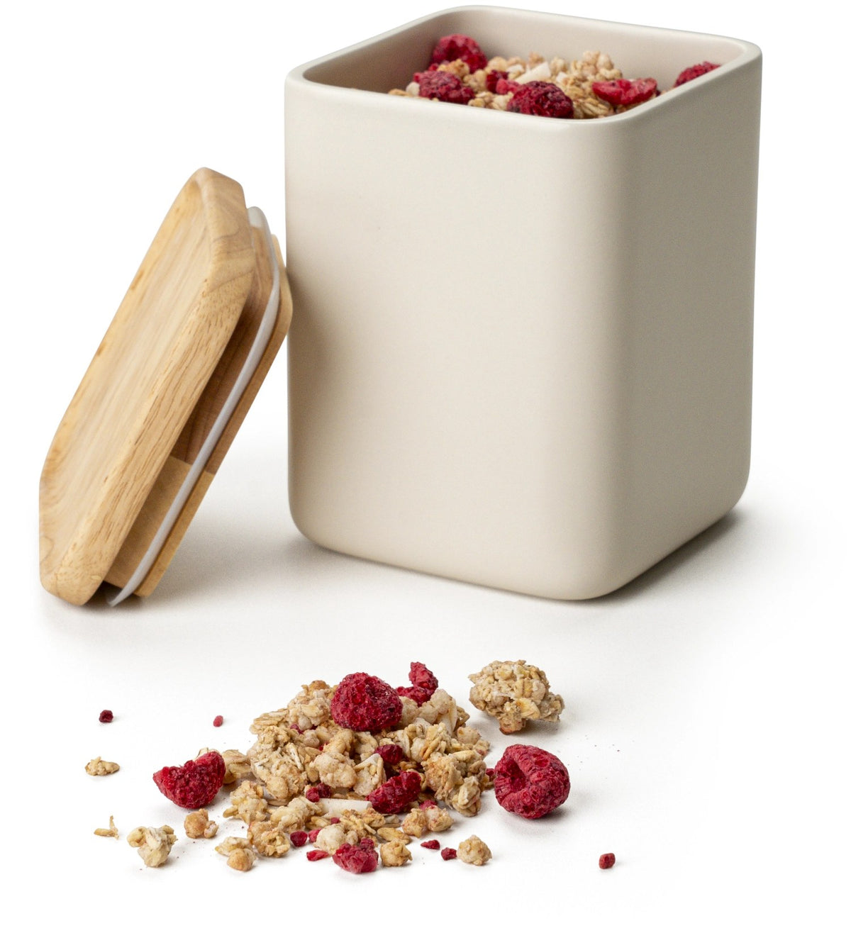 Keramik Vorratsdose in Beige mit hellem Holzdeckel, runde Form mit abgerundeten Ecken, Grösse 10.5x10.5x14.5cm, Hersteller Continenta.