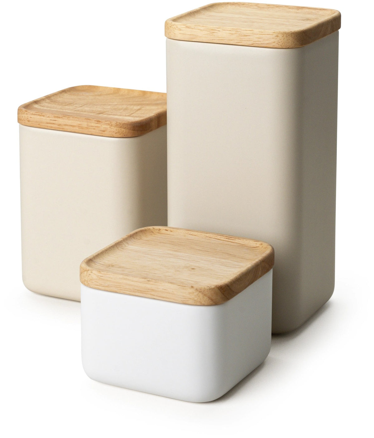 Keramik Vorratsdose in Beige mit hellem Holzdeckel, runde Form mit abgerundeten Ecken, Grösse 10.5x10.5x14.5cm, Hersteller Continenta.