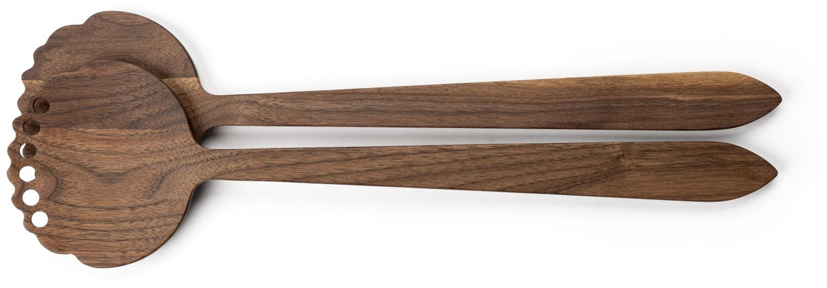 Salatbesteck aus Walnussholz in Braun mit langen Griffen und grosser Laffe, Länge 32.5cm, von Continenta, seidig geöltes Finish.