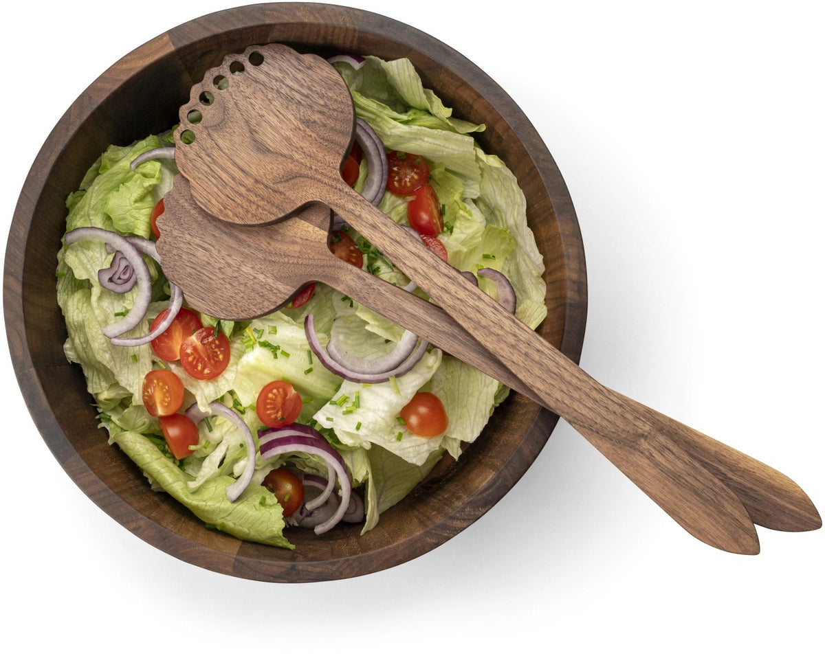 Salatbesteck aus Walnussholz in Braun mit langen Griffen und grosser Laffe, Länge 32.5cm, von Continenta, seidig geöltes Finish.
