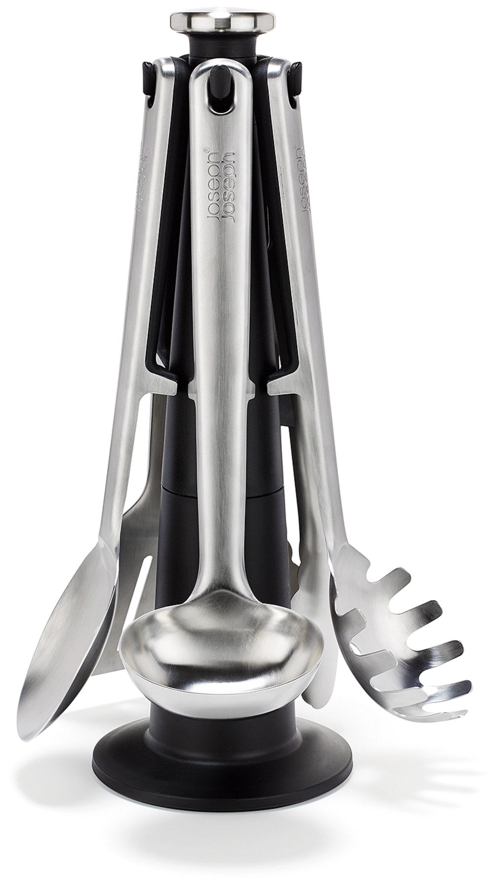 5-teiliges Utensilienhalter-Set aus Edelstahl in Silber: Kochlöffel, Schlitzwender, Spaghettizange, Schöpfkelle, Grillzange auf drehbarem Karussell.