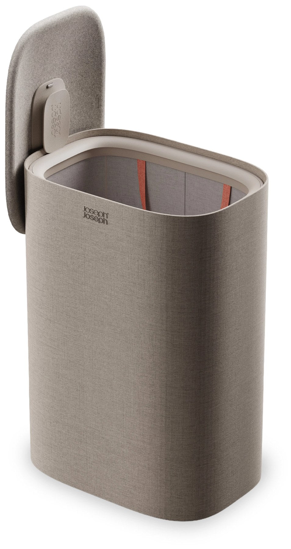 Beiger Wäschekorb Tota One 60l von Joseph Joseph mit abnehmbarem Filzdeckel, schlanker rechteckiger Form und herausnehmbarer Tragetasche.