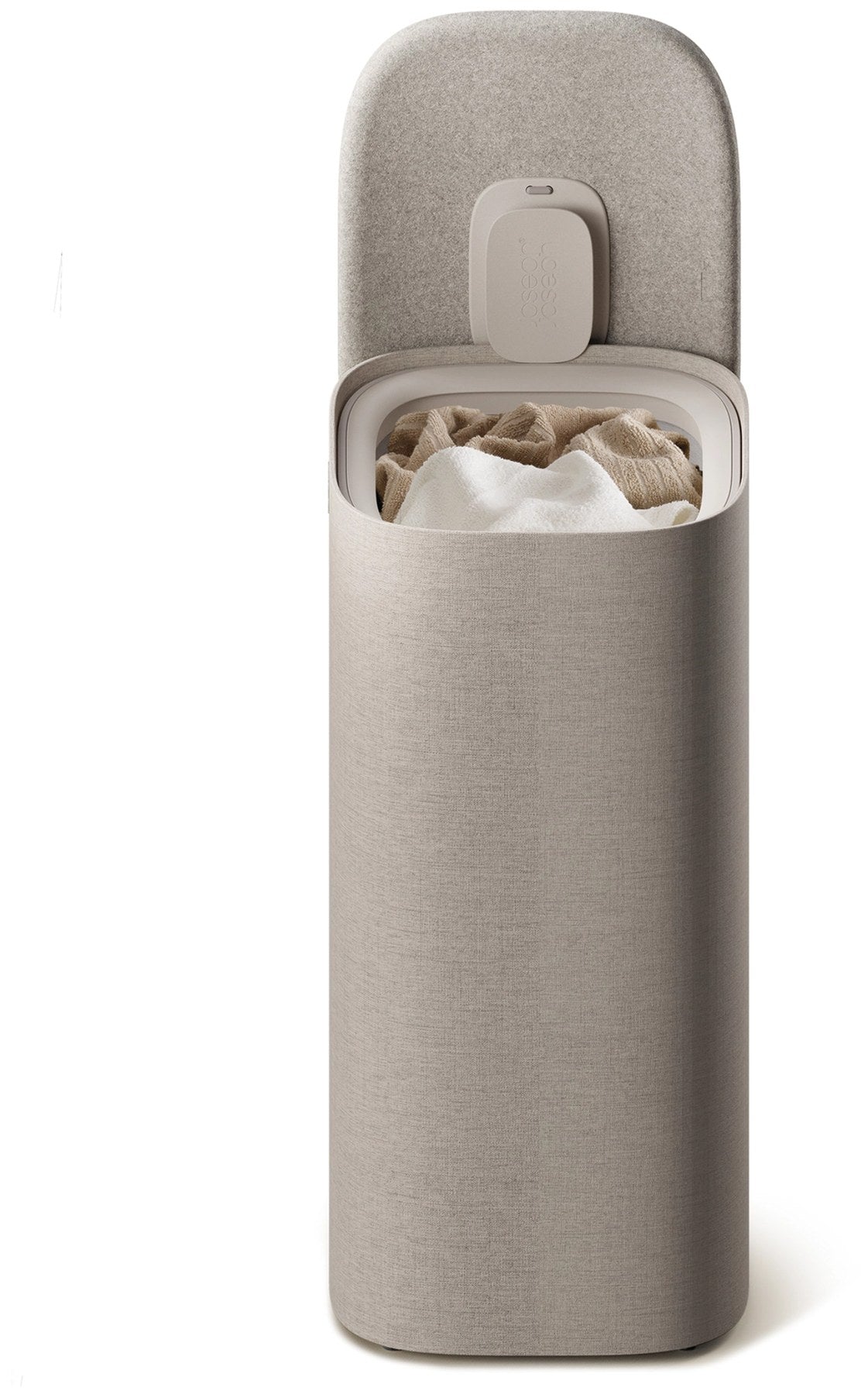Beiger Wäschekorb Tota One 60l von Joseph Joseph mit abnehmbarem Filzdeckel, schlanker rechteckiger Form und herausnehmbarer Tragetasche.