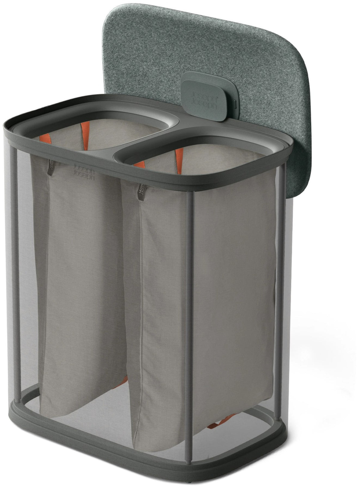Grauer Wäschetrennkorb Tota Twin von Joseph Joseph mit zwei herausnehmbaren Stofftaschen à 45 Liter und Deckel mit Filzoberfläche.