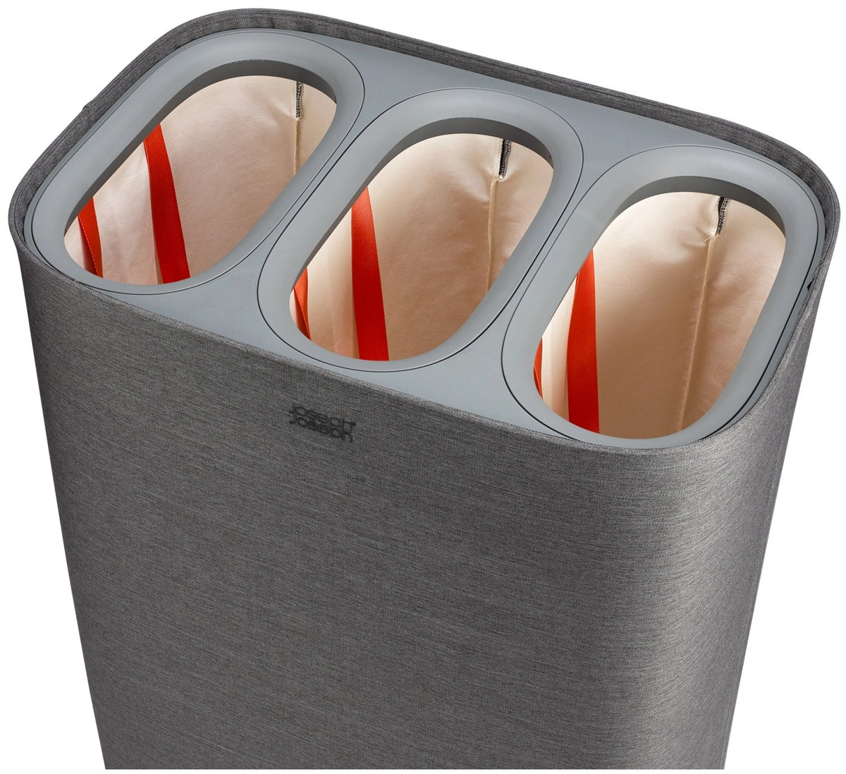Grauer Wäschetrennkorb mit drei herausnehmbaren Stofftaschen à 30 Liter, Tragegriffen und Deckel mit Filzoberfläche, Frontalansicht.