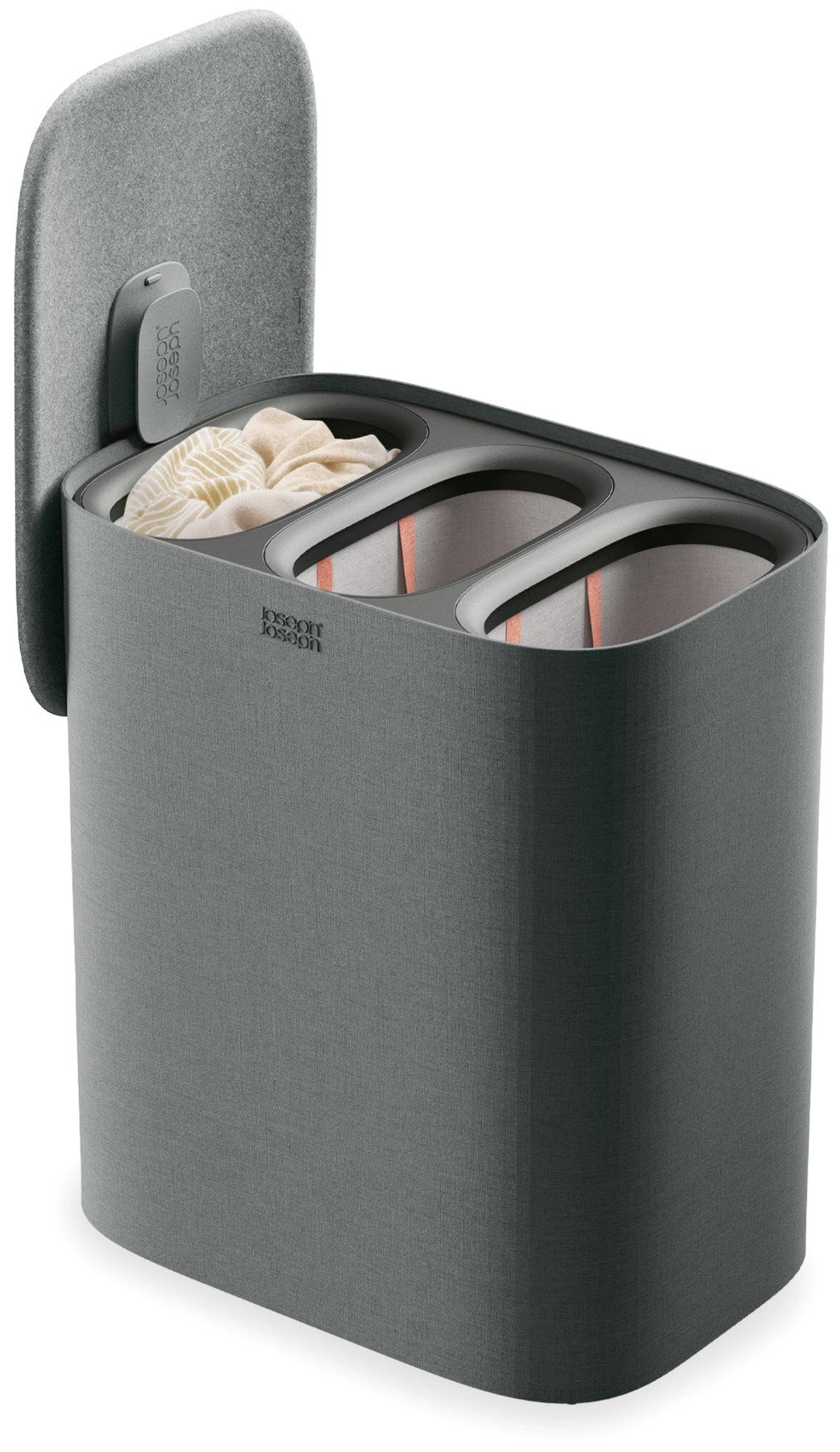 Grauer Wäschetrennkorb mit drei herausnehmbaren Stofftaschen à 30 Liter, Tragegriffen und Deckel mit Filzoberfläche, Frontalansicht.