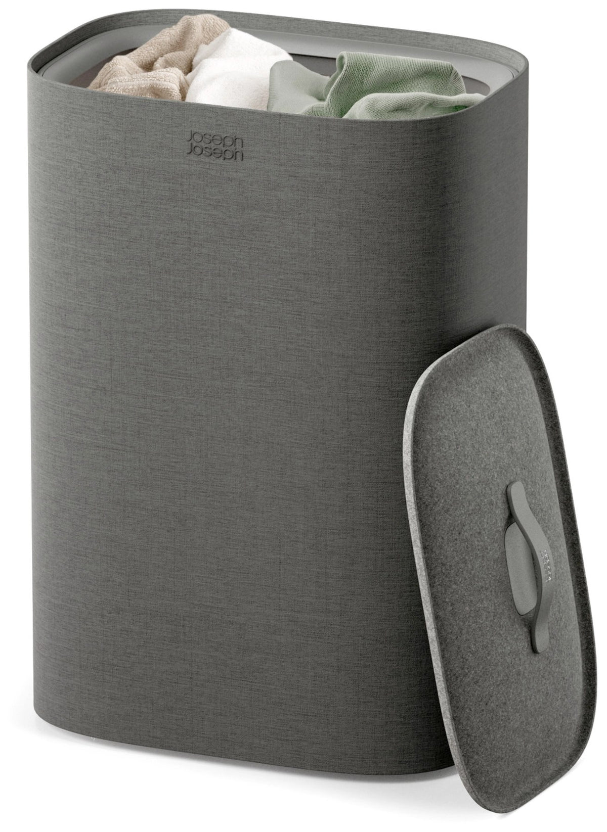 Grauer Wäschetrennkorb Tota One 60l von Joseph Joseph mit seitlichem Filzdeckel und herausnehmbarer Tragetasche für die Wäsche.