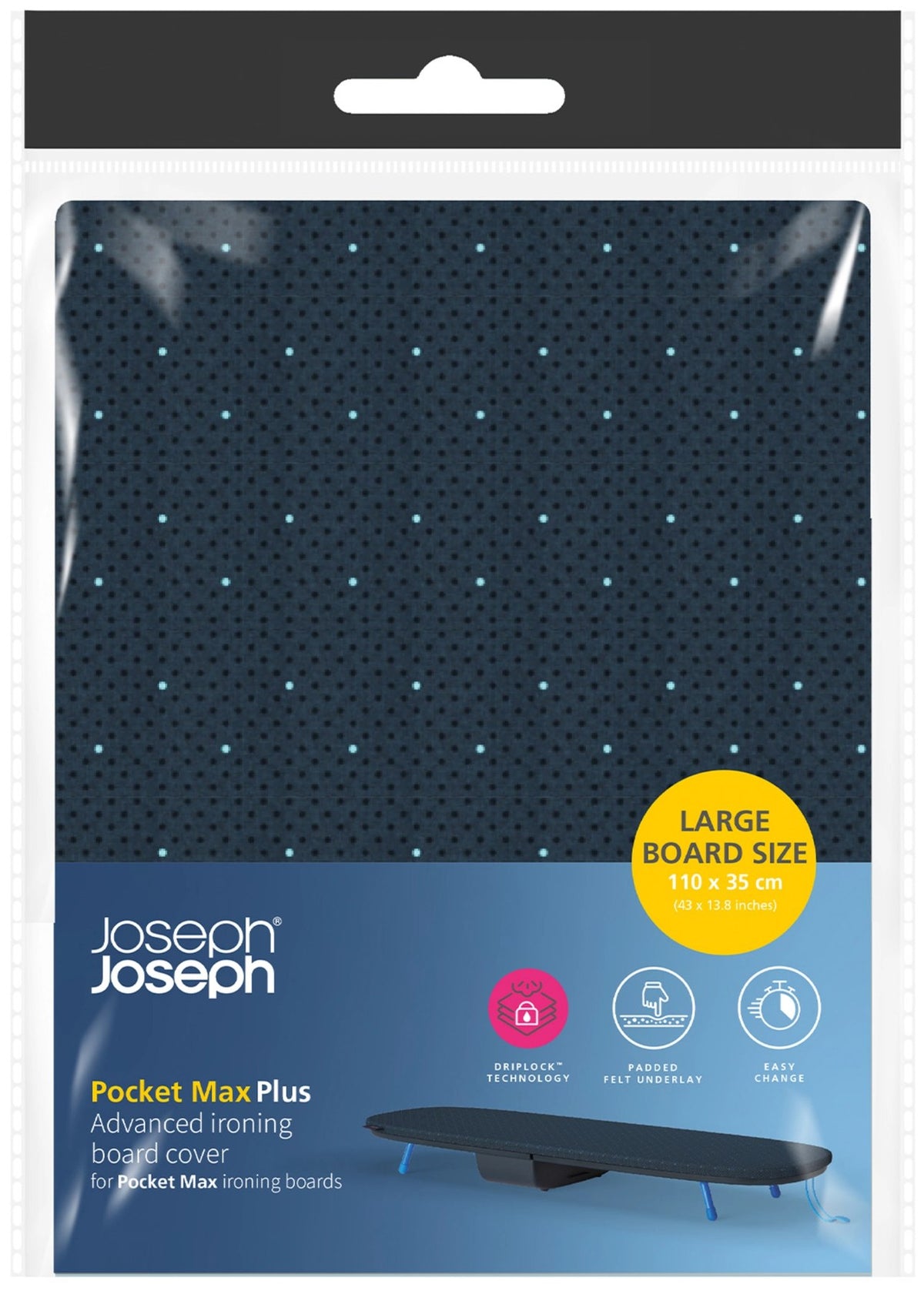 Mehrfarbiger Bügelbrettbezug von Joseph Joseph mit Baumwolldeckschicht, gepolsterter Filzlage und wasserdichter Basisschicht, passend für Pocket Max Plus Bügelbretter.
