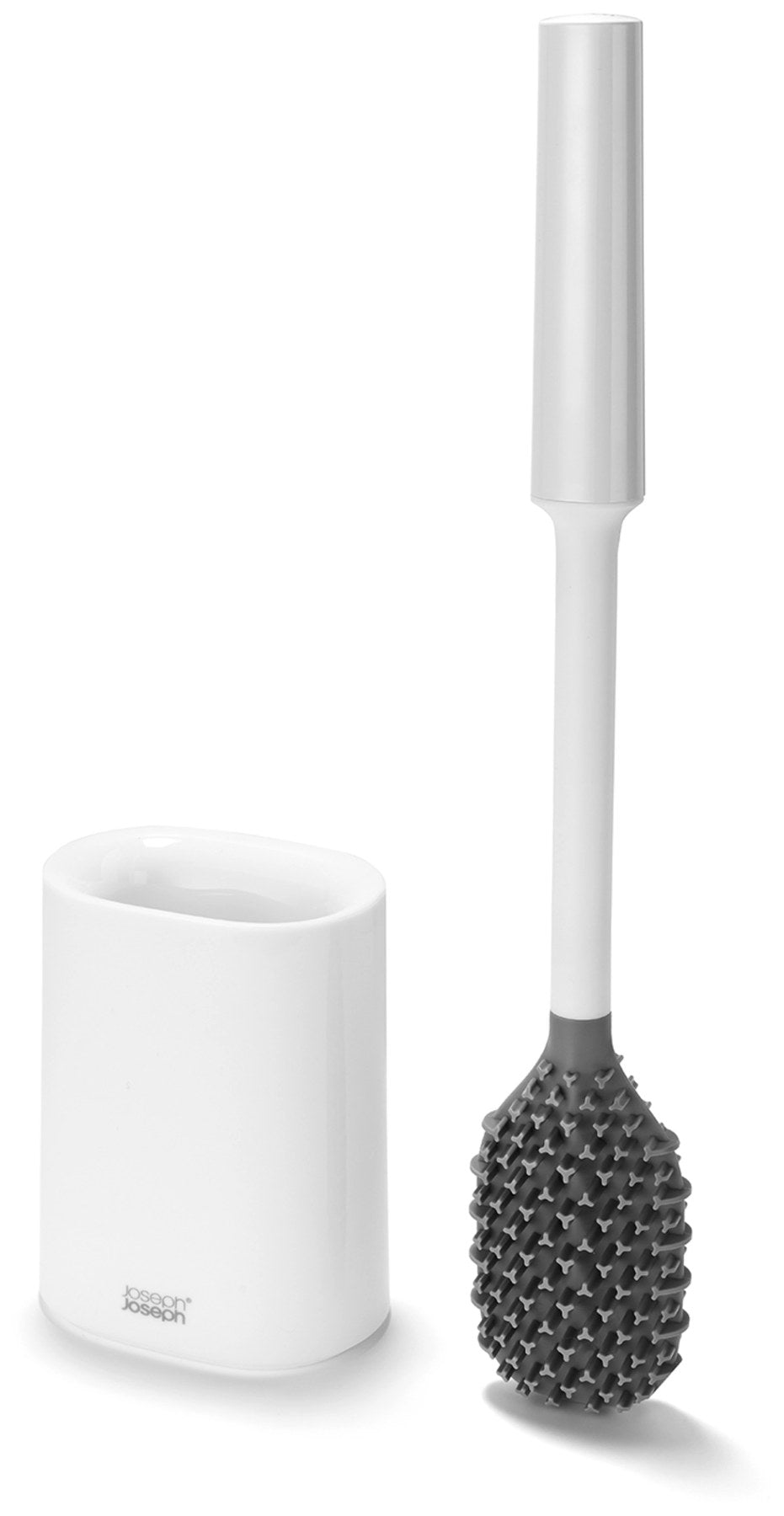 Weisse WC Bürste mit dreifach beklingten Borsten und passendem kompaktem Halter, glänzende Oberfläche, schlanke zylindrische Form.