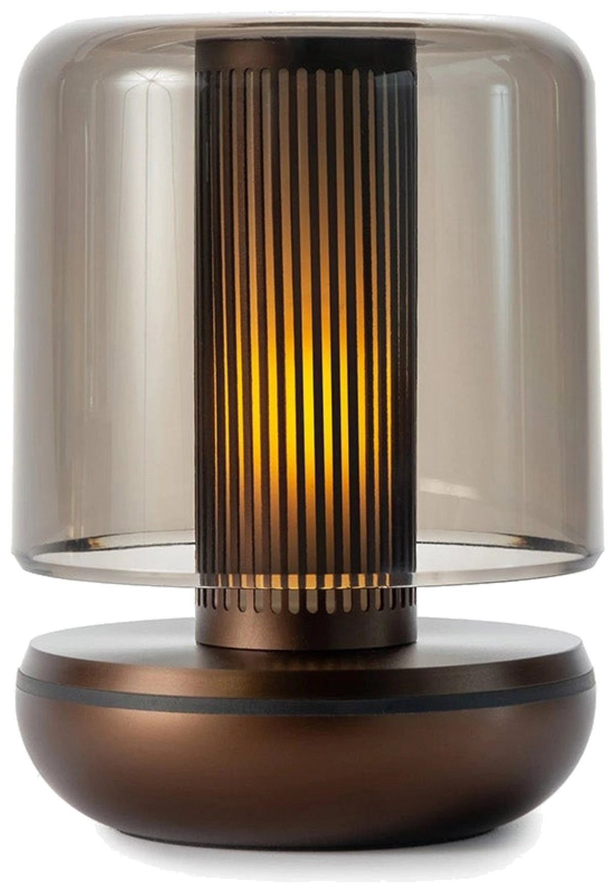 Zylindrische Tischleuchte Firefly aus rauchfarbenem Glas mit gerippter Innensäule, Farbe Kupfer, kompaktes Design von Humble Light.