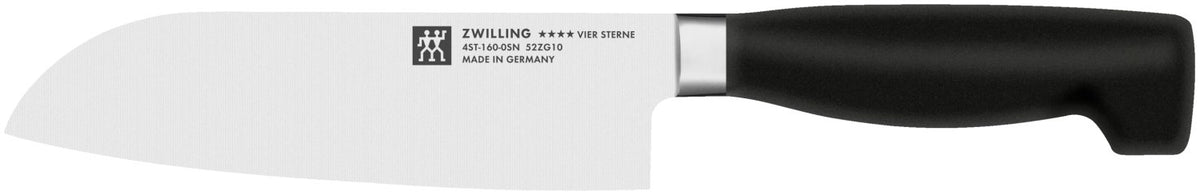 Zwilling Santoku-Messer mit 16 cm Klinge aus Sonderschmelze-Stahl und ergonomischem schwarzem Kunststoffgriff, fugenloser Übergang zur Klinge.
