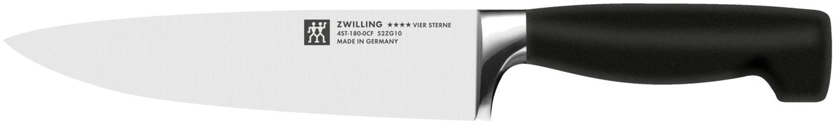 Schwarzes Kochmesser mit 18 cm langer, geschwungener Klinge aus Stahl und ergonomischem Kunststoffgriff von Zwilling, fugenloser Übergang zur Klinge.