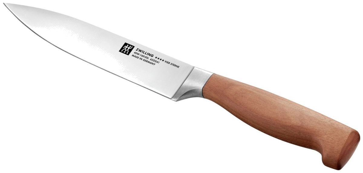 Tranchiermesser von Zwilling mit brauner Klinge aus FRIODUR-Stahl und Griff aus Kotibé-Holz, Länge 16cm, markanter Kropf sichtbar.