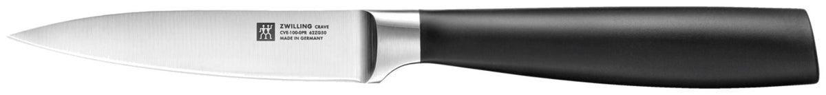 Zwilling Crave Schälmesser 10cm mit kurzer, spitzer Klinge und ergonomischem Griff, mehrfarbig, aufgenommen auf neutralem Hintergrund.
