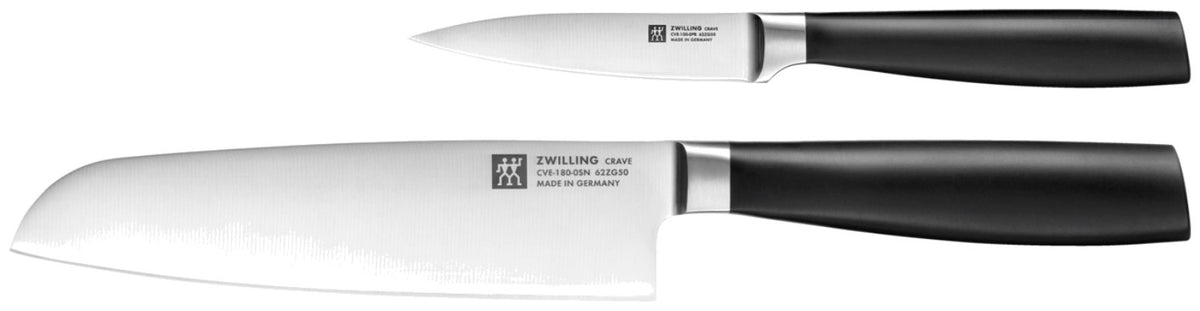 Zwilling Crave Messerset mit Spick-/Garniermesser und Santokumesser, mehrfarbige Griffe, eisgehärtete Klingen, hergestellt in Solingen.