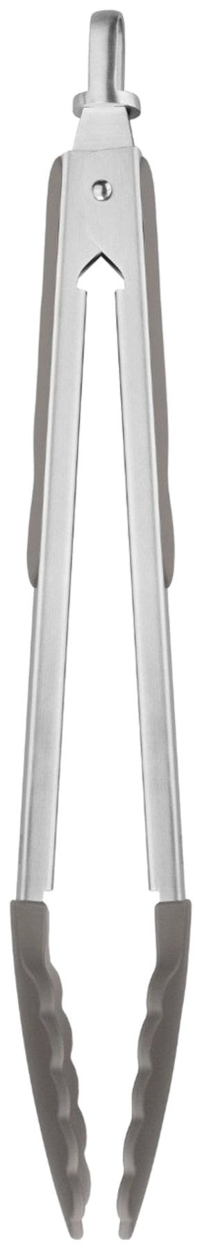 Silberne Küchenzange aus Edelstahl mit Silikonspitzen, Länge 33cm, Breite 3.8cm, Höhe 3.7cm, fotografiert auf hellem Hintergrund.