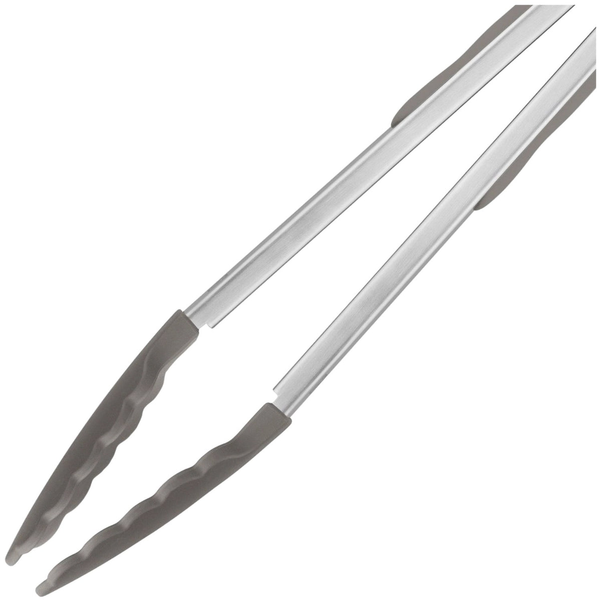 Silberne Küchenzange aus Edelstahl mit Silikonspitzen, Länge 33cm, Breite 3.8cm, Höhe 3.7cm, fotografiert auf hellem Hintergrund.