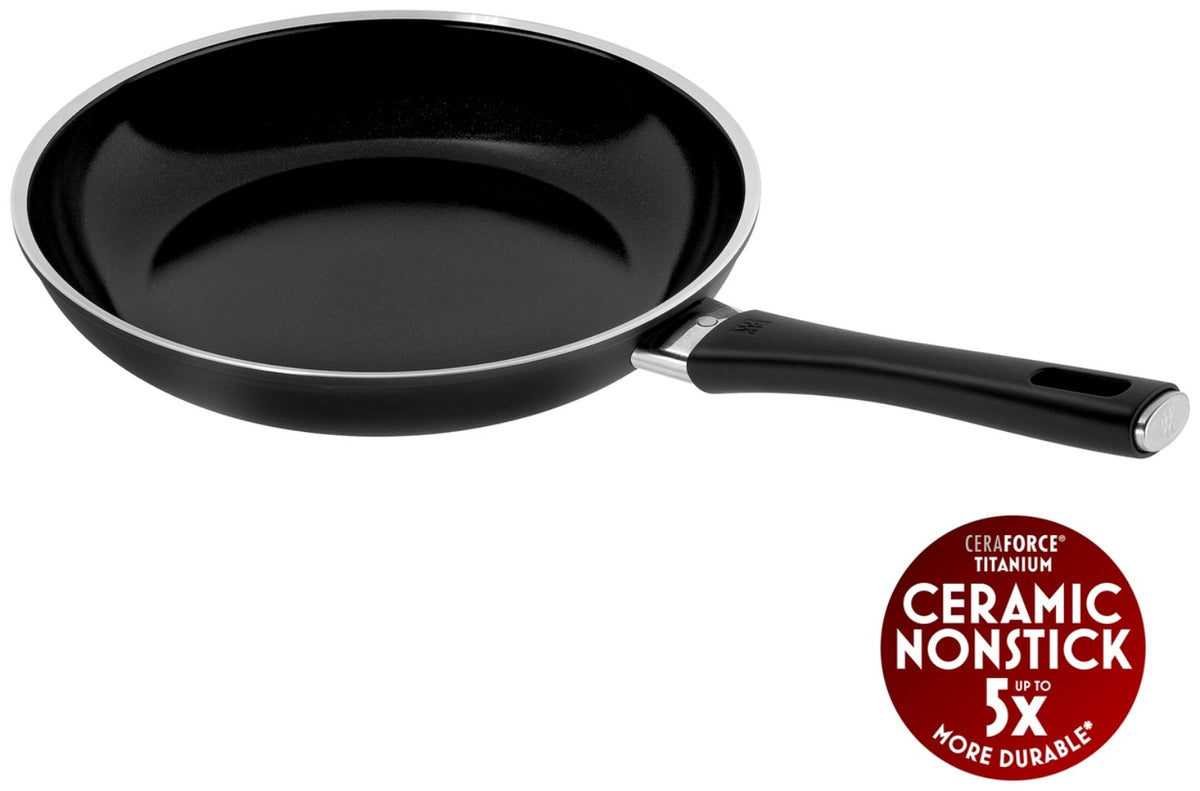 Schwarze Bratpfanne aus Aluminium mit Keramikbeschichtung, rundem Boden und Griff, Modell Lumotion 28cm von Zwilling