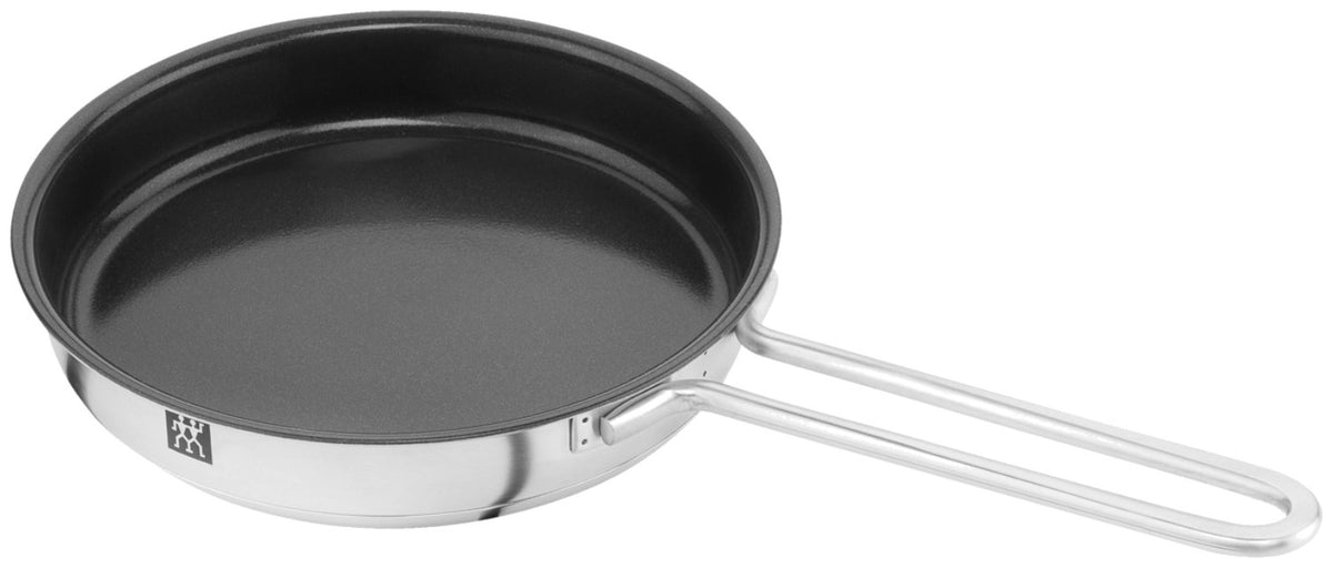 Silberne Bratpfanne mit rundem Boden, langem Stielgriff und keramischer Antihaftbeschichtung, Grösse 16 cm Durchmesser.