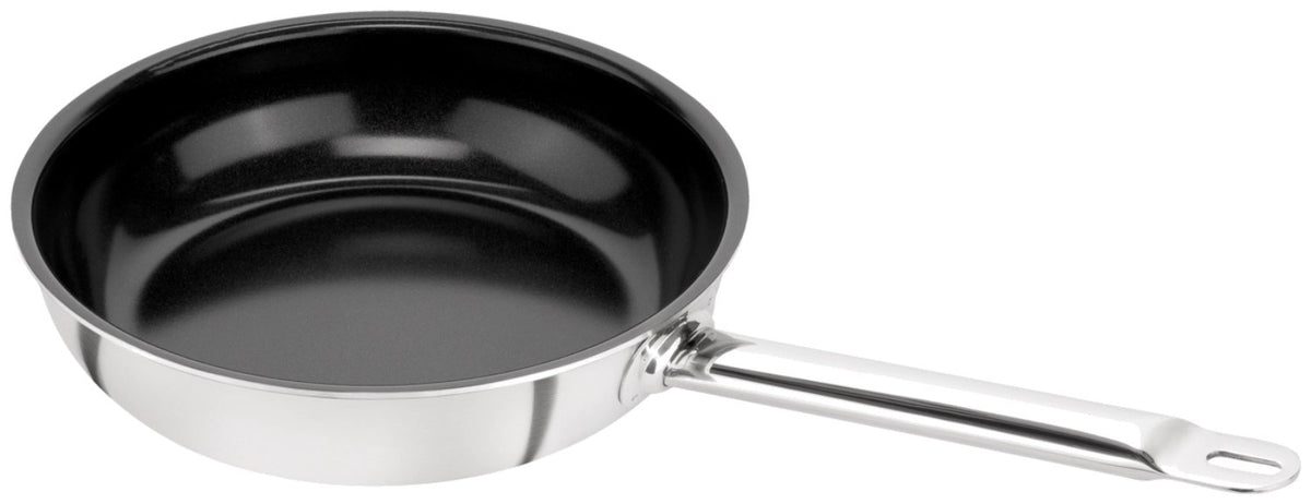 Edelstahl-Bratpfanne von Zwilling mit keramischer Antihaftbeschichtung, rundem Boden und einem Durchmesser von 24 cm, mehrfarbig schimmernde Oberfläche.
