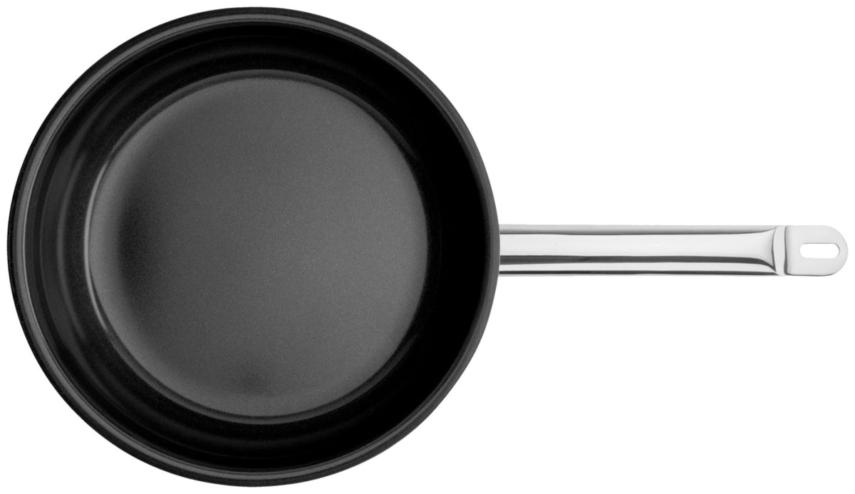 Edelstahl-Bratpfanne von Zwilling mit keramischer Antihaftbeschichtung, rundem Boden und einem Durchmesser von 24 cm, mehrfarbig schimmernde Oberfläche.