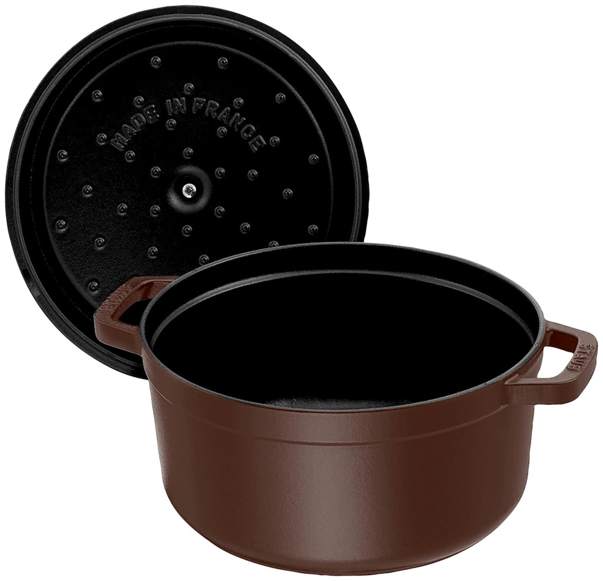 Runde Cocotte aus Gusseisen in der Farbe Chocolat (Braun), Staub, mit Deckel, Durchmesser 28 cm, Ansicht von schräg oben.