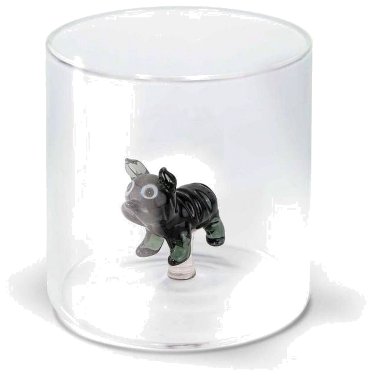 Transparente Glaskaraffe aus Borosilikat mit Dekor einer Französischen Bulldogge, Fassungsvermögen 250 ml, quadratische Form 8x8x8 cm.